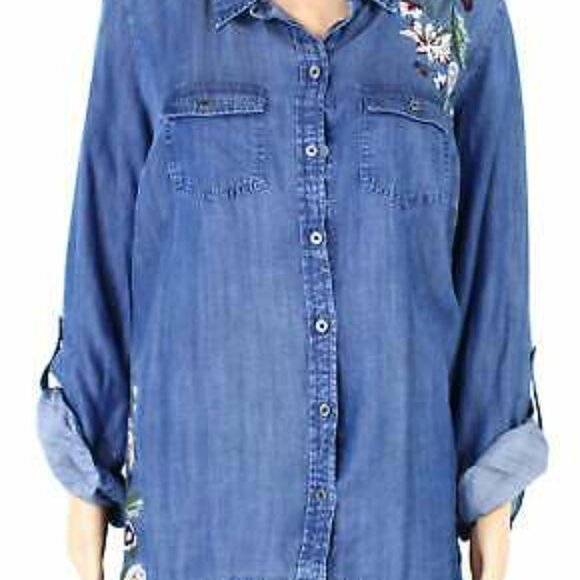 STYLE and Co Womens Embroidered Floral Print Button-Down Denim Top, Size Ox - Picture 3 of 4